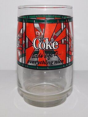 VTG Coca Cola adds Life  Stained Glass Look Drinking Glass tumbler 5" Red Green